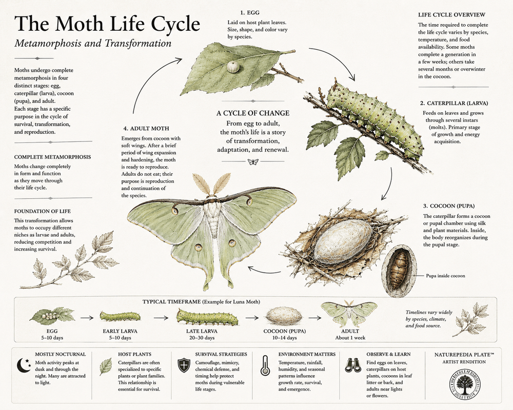 Moth Life Cycle Plate showing egg, caterpillar, cocoon, pupa, adult moth emergence, metamorphosis, seasonal timing, host plants, camouflage, and nocturnal ecology by Robbie George