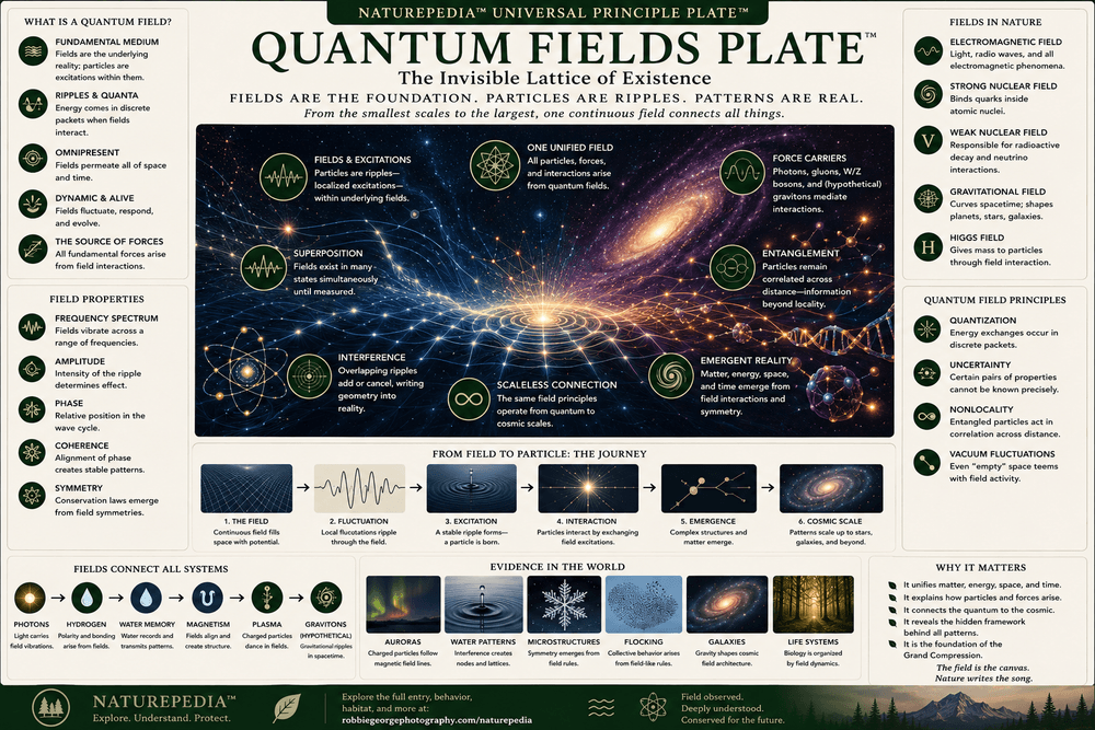 Quantum Fields Plate showing unified fields, excitations, interference, superposition, emergence, galaxies, water patterns, auroras, photons, hydrogen, plasma, gravitons, and Naturepedia connections by Robbie George