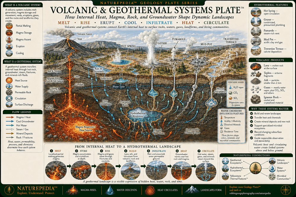 Volcanic and Geothermal Systems Plate showing a volcano, magma chamber, rising magma, lava flow, volcanic ash and gases, intrusive rock, fractured crust, groundwater recharge, hydrothermal circulation, hot springs, geysers, fumaroles, mineral deposits, geothermal heat flow, and deep-ocean hydrothermal vents.