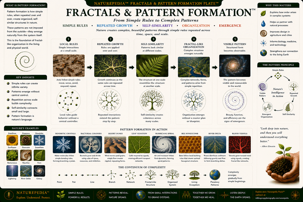 Fractals and Pattern Formation Plate illustrating local rules leading to repeated growth, self-similarity, fractal-like structure, and visible natural pattern formation.