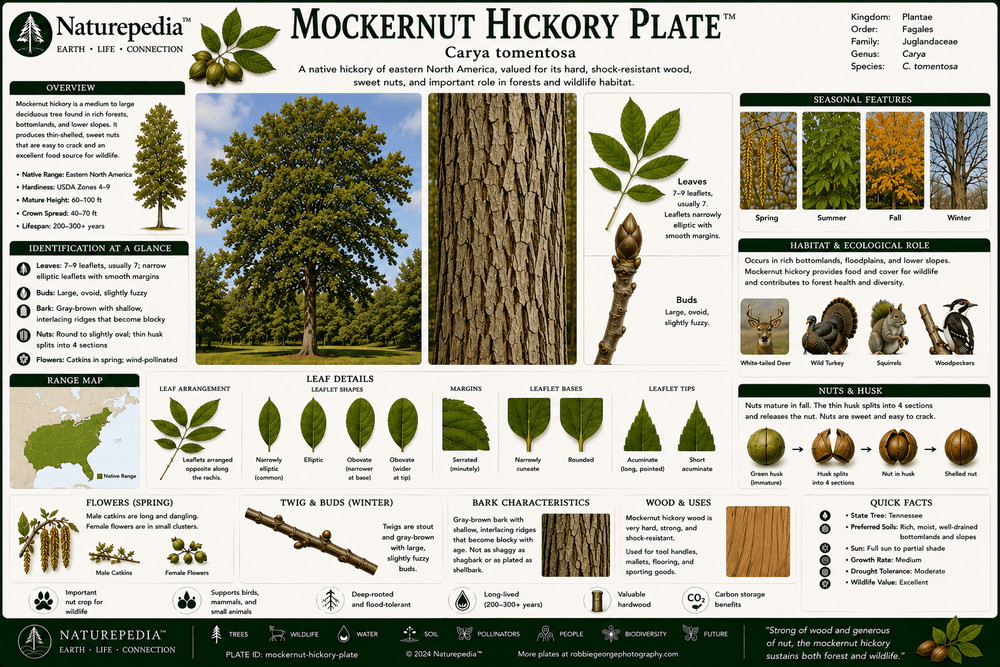 Mockernut Hickory Plate showing nuts, bark, wildlife relationships, upland forests, and eastern hardwood ecology by Robbie George