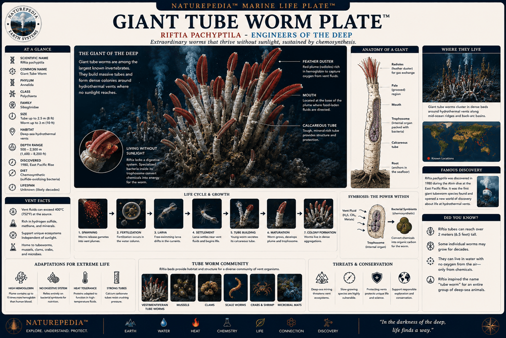 Giant Tube Worm Plate showing Riftia pachyptila, symbiotic bacteria, hydrothermal vent habitats, red plumes, and chemosynthetic relationships
