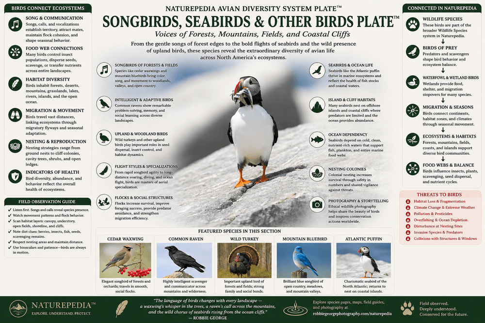 Songbirds Seabirds and Other Birds Plate showing Atlantic puffin, avian diversity, song and communication, migration, nesting colonies, food webs, coastal systems, forest birds, and Naturepedia system connections by Robbie George