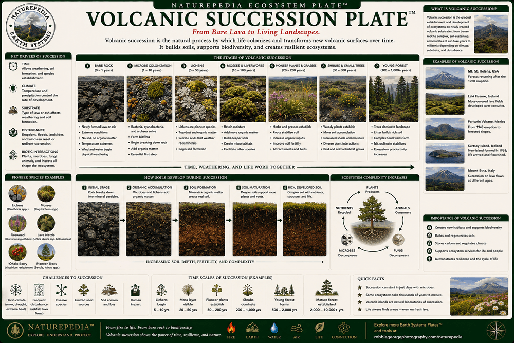 Volcanic Succession Plate showing bare rock, lichens, mosses, pioneer species, soil development, shrubs, forests, and ecosystem succession