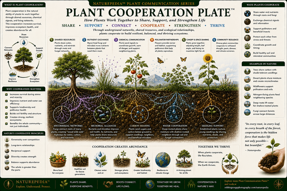Plant Cooperation Plate showing neighboring plants connected through roots, fungal networks, pollinators, microbes, water pathways, and shared ecological relationships.