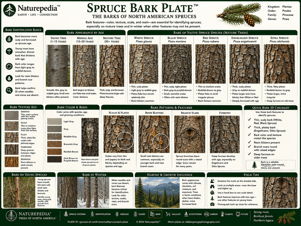 Spruce Bark Plate showing bark texture, thin scales, reddish-brown and gray tones, age progression, cold-climate protection, resin defense, and species-level spruce bark identification by Robbie George
