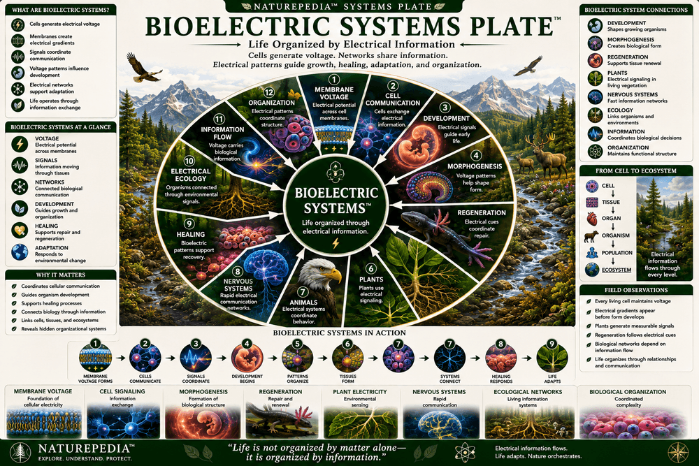 Bioelectric Systems Plate showing membrane voltage, cell communication, development, morphogenesis, regeneration, plants, animals, nervous systems, healing, electrical ecology, information flow, and biological organization