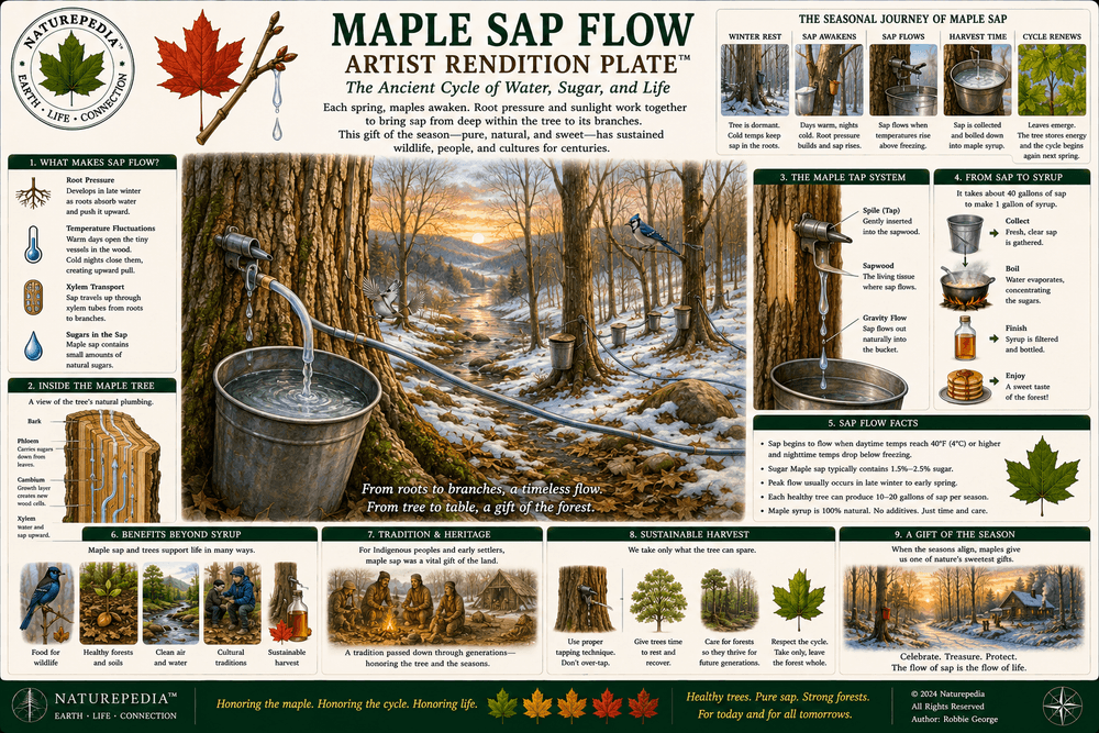 Maple Sap Flow Artist Rendition Plate showing symbolic sap movement, winter freeze, spring thaw, sugar rise, roots, trunk memory, human harvest, and forest awakening by Robbie George