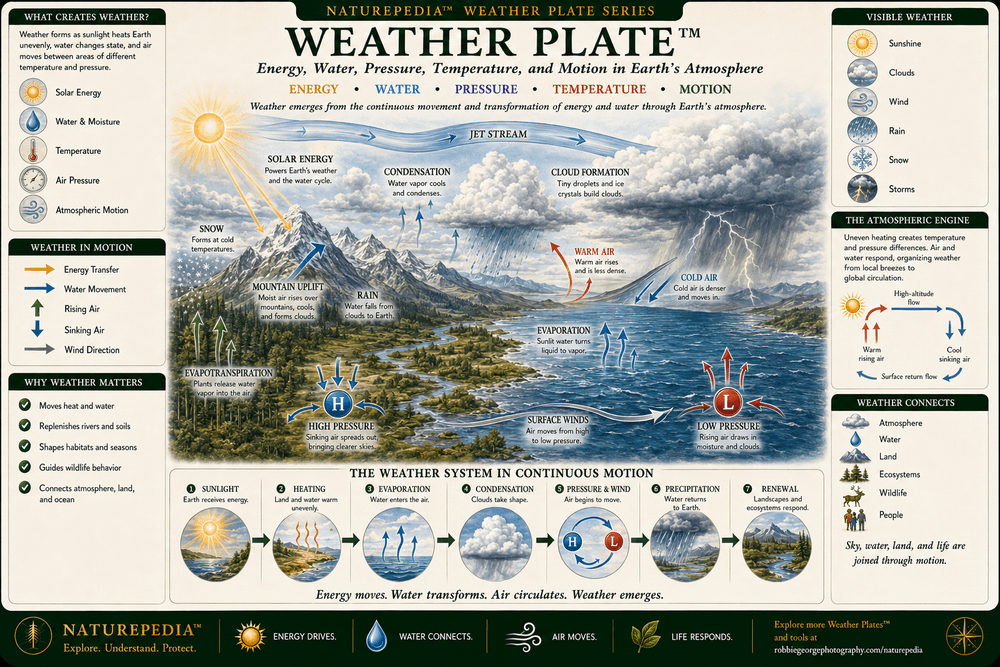 Weather Plate showing solar energy, a jet stream, clouds, mountain uplift, condensation, rain, snow, evaporation, evapotranspiration, surface winds, warm and cold air, and high- and low-pressure systems working together across Earth's atmosphere.