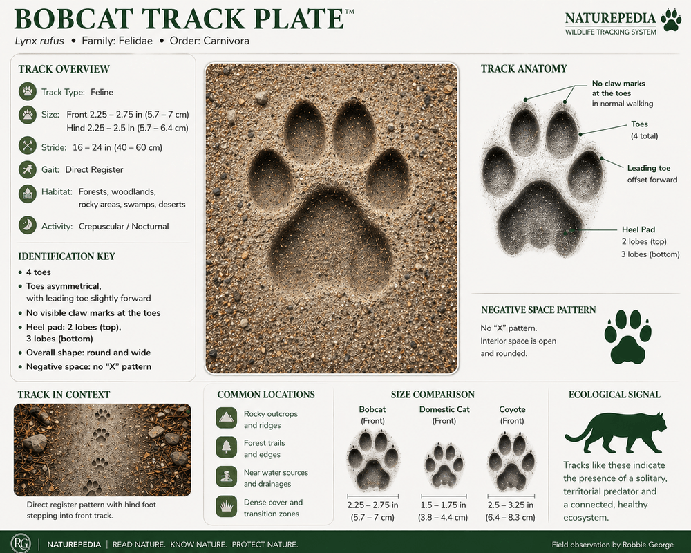Bobcat track showing four asymmetrical toes, no visible claw marks at the toes, a wide rounded heel pad with two lobes on top and three lobes on the bottom, and open rounded negative space — Naturepedia Track Plate by Robbie George