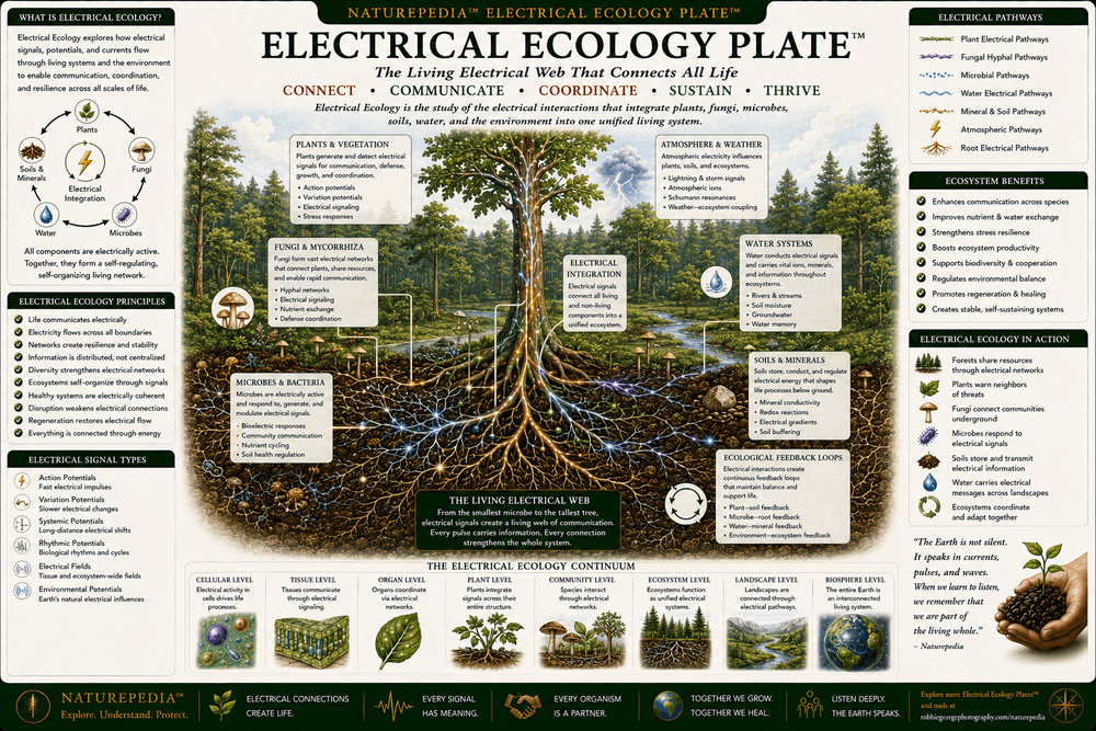 Electrical Ecology Plate showing plants, fungi, roots, soils, microbes, water, forests, electrical pathways, ecological signaling, and ecosystem-scale communication across living systems.