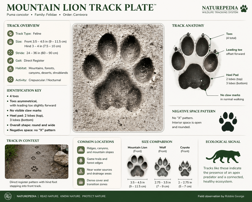 Mountain lion track showing asymmetrical toes, no claw marks, wide heel pad, and rounded shape — Naturepedia Track Plate by Robbie George