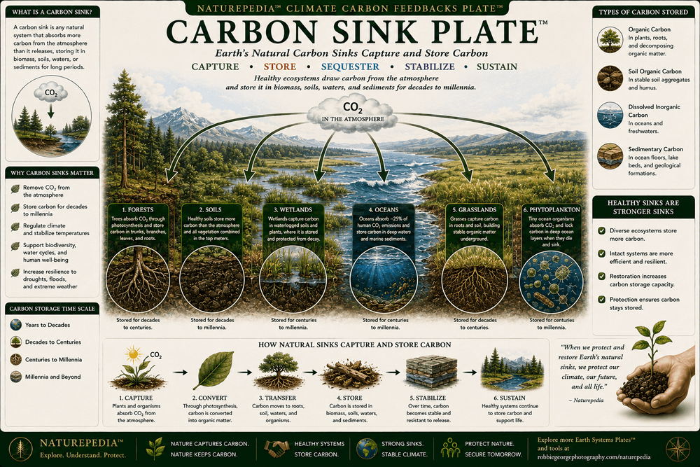 Carbon Sink Plate showing forests, wetlands, grasslands, oceans, healthy soils, microbes, and atmospheric carbon being captured and stored within Earth's living ecosystems.