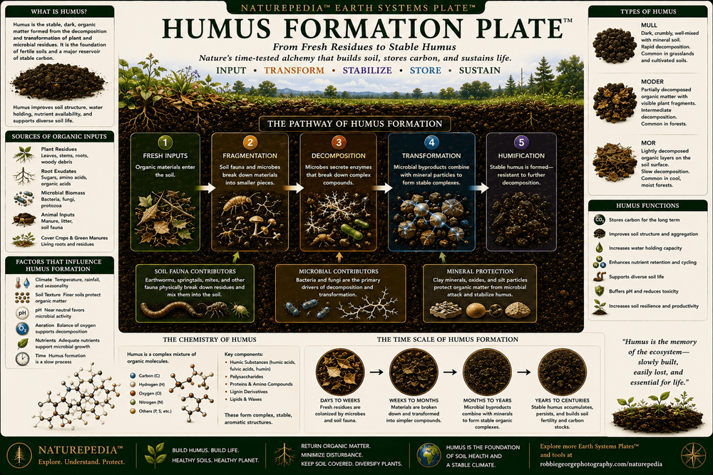 Humus Formation Plate showing decomposition, fungi, microbes, soil organisms, humus formation, stable organic matter, carbon storage, nutrient cycling, and healthy soil.