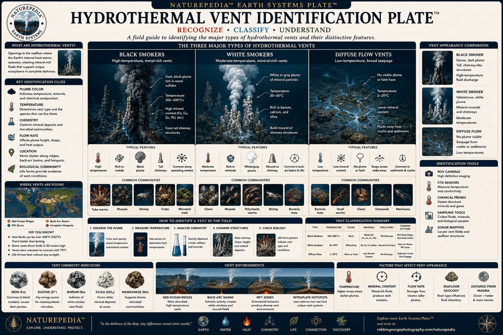 Hydrothermal Vent Identification Plate showing black smokers, white smokers, diffuse vents, mineral chimneys, vent fields, and seafloor geological features