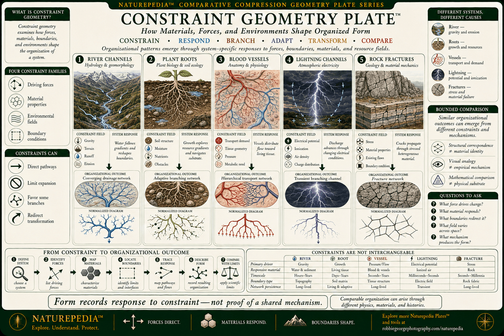 Constraint Geometry Plate comparing river channels, plant roots, blood vessels, lightning pathways, and rock fractures as systems that can develop related organizational forms while responding to different physical, biological, environmental, and material constraints.
