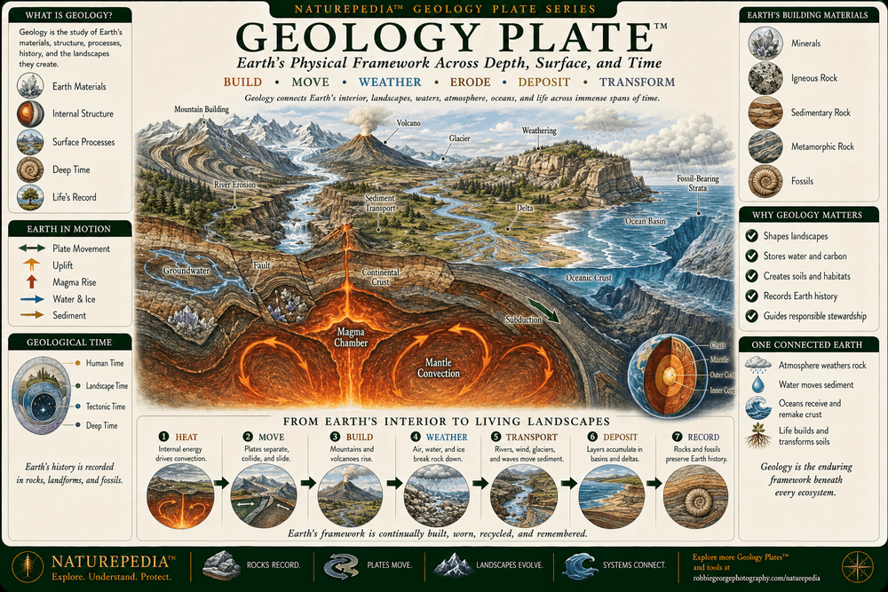 Geology Plate showing Earth's layered interior, mantle heat, tectonic plates, mountain building, faults, volcanism, rocks, minerals, weathering, rivers, glaciers, erosion, sediment transport, coastlines, fossils, and geological time within one connected planetary system.