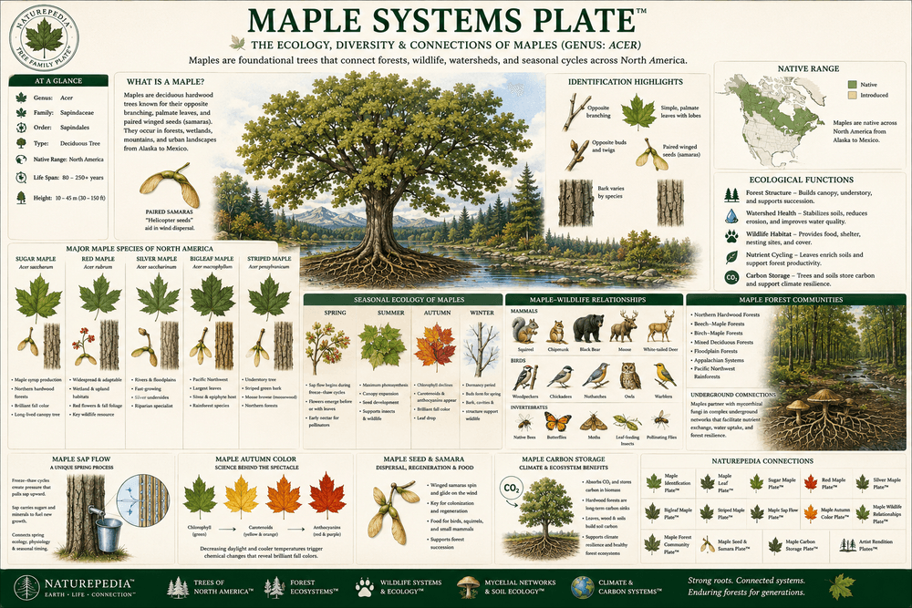 Maple Systems Plate showing maple trees, maple leaves, sap flow, autumn color, sugar ecology, wildlife relationships, forest communities, carbon storage, and northern hardwood forest ecology by Robbie George