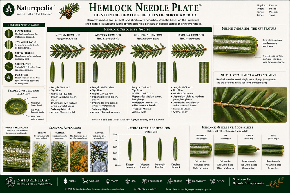 Hemlock Needle Plate showing short flat needles, pale underside bands, twig arrangement, evergreen adaptation, shade tolerance, and cool forest microclimates by Robbie George