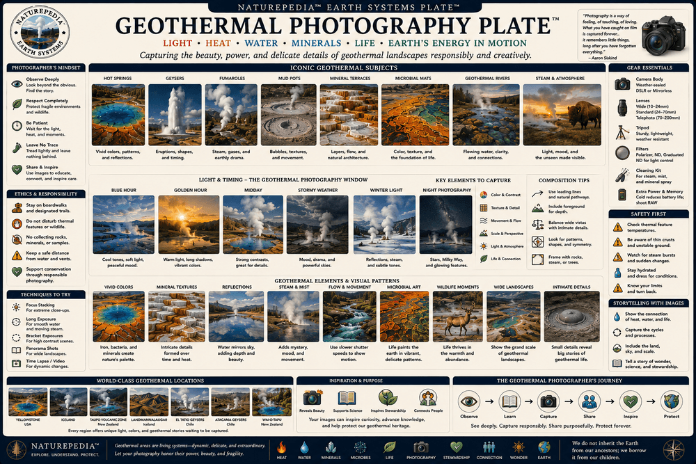 Geothermal Photography Plate showing steam, thermal landscapes, volcanic terrain, microbial colors, wildlife, light, atmosphere, and geothermal photography by Robbie George