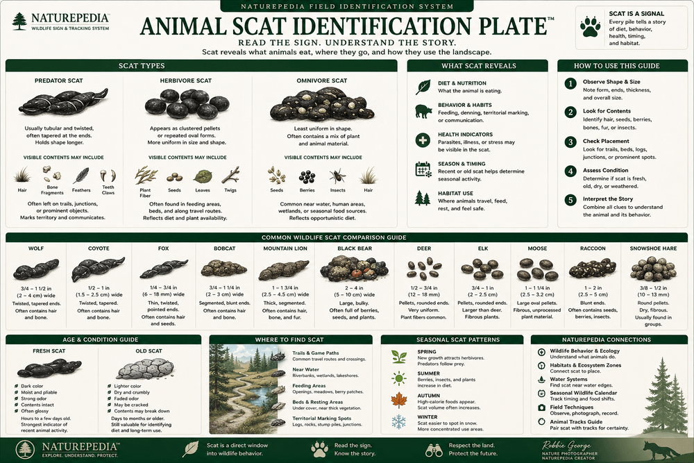 Animal Scat Identification Plate showing predator scat, herbivore scat, omnivore scat, common wildlife scat comparison, age and condition guide, seasonal scat patterns, habitat context, and Naturepedia connections by Robbie George