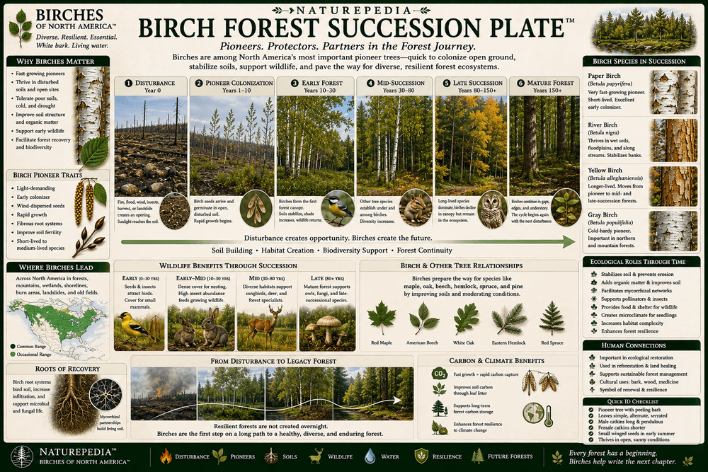 Birch Forest Succession Plate showing birch trees colonizing disturbed forests, openings, burns, wet edges, and regenerating woodland communities by Robbie George