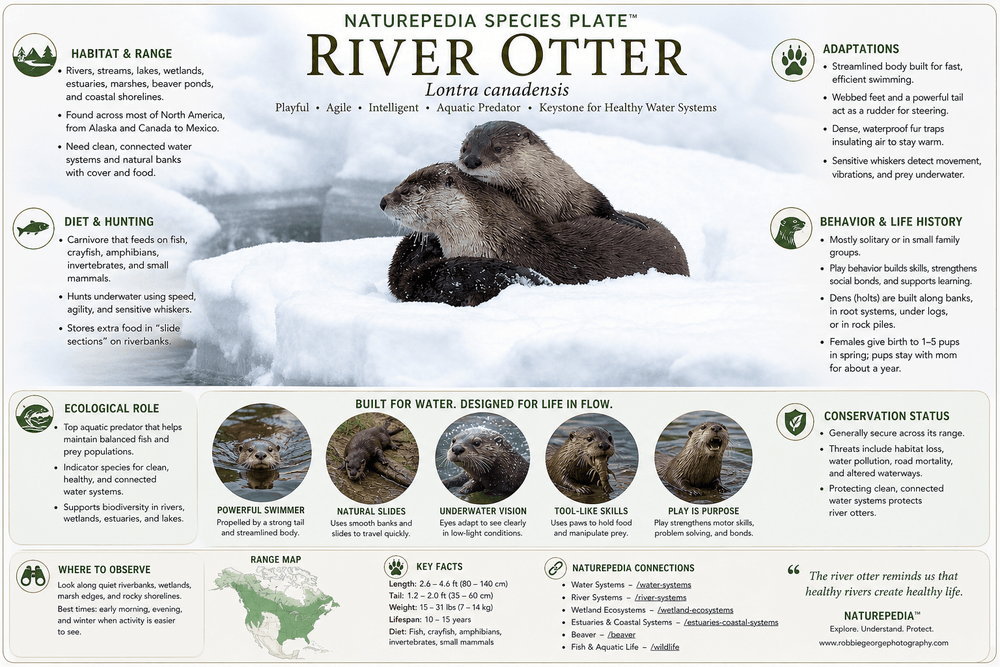 River otter species plate showing habitat, diet, aquatic adaptations, behavior, and ecological role — Naturepedia Species Plate by Robbie George