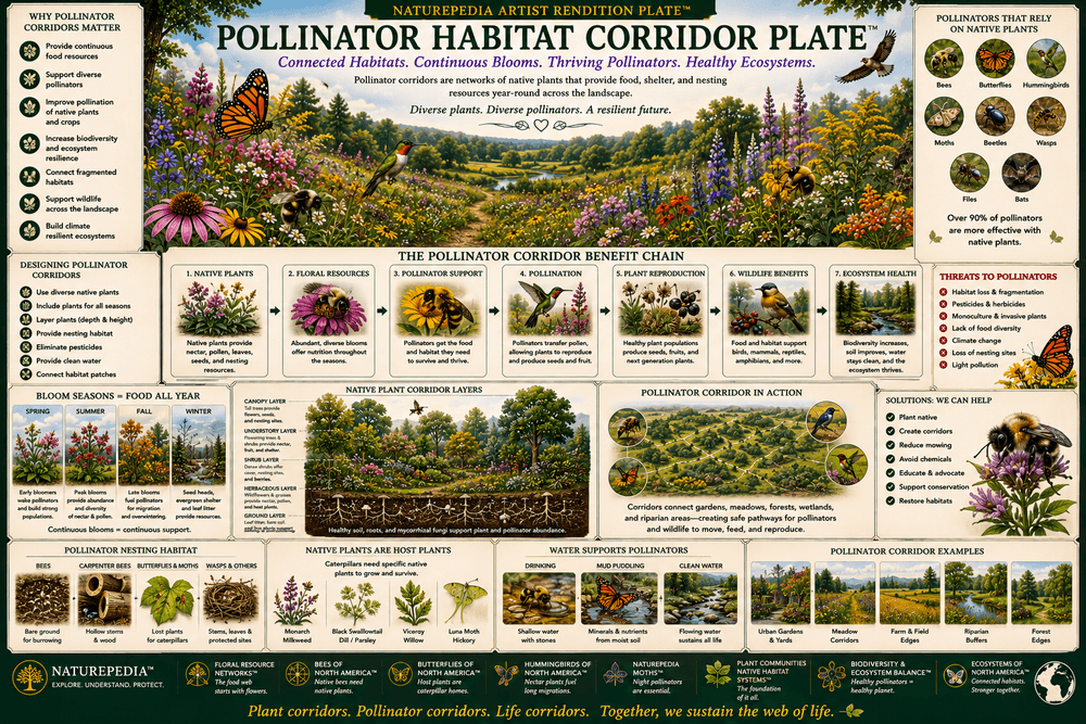 Pollinator Habitat Corridor Plate showing native flowers, bees, butterflies, moths, hummingbirds, nectar corridors, bloom timing, and connected plant communities by Robbie George