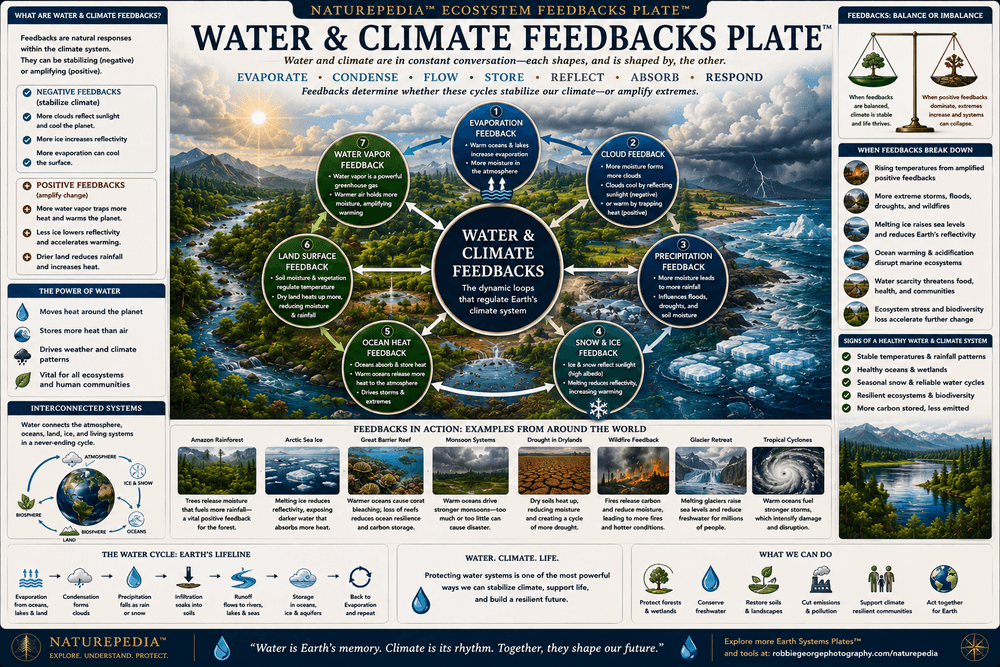Water and Climate Feedbacks Plate showing evaporation, rainfall, clouds, wetlands, drought, cooling, warming, and water storage