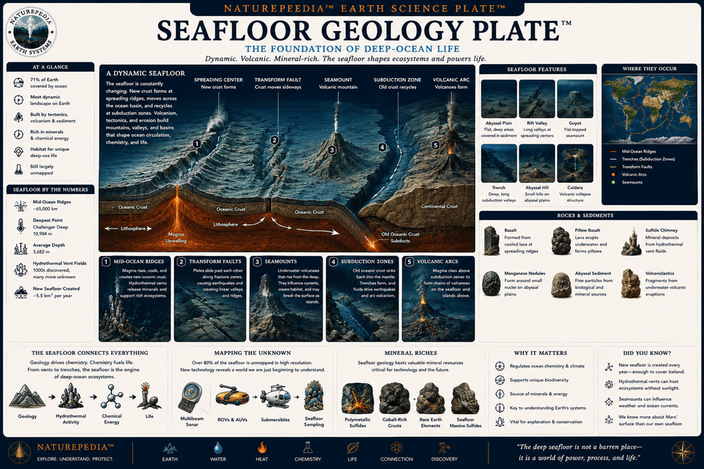 Seafloor Geology Plate showing mid-ocean ridges, tectonic spreading, magma chambers, hydrothermal circulation, vent formation, and ocean crust processes