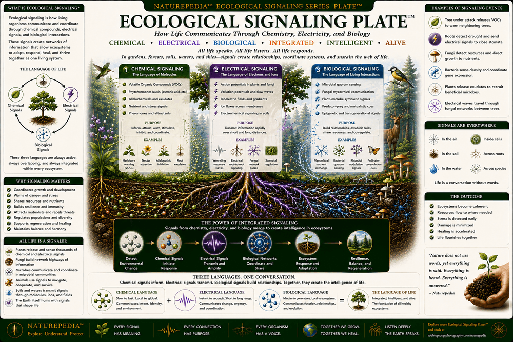 Ecological Signaling Plate showing electrical signaling, chemical communication, fungal networks, microbes, water movement, roots, and interconnected ecological feedback systems.