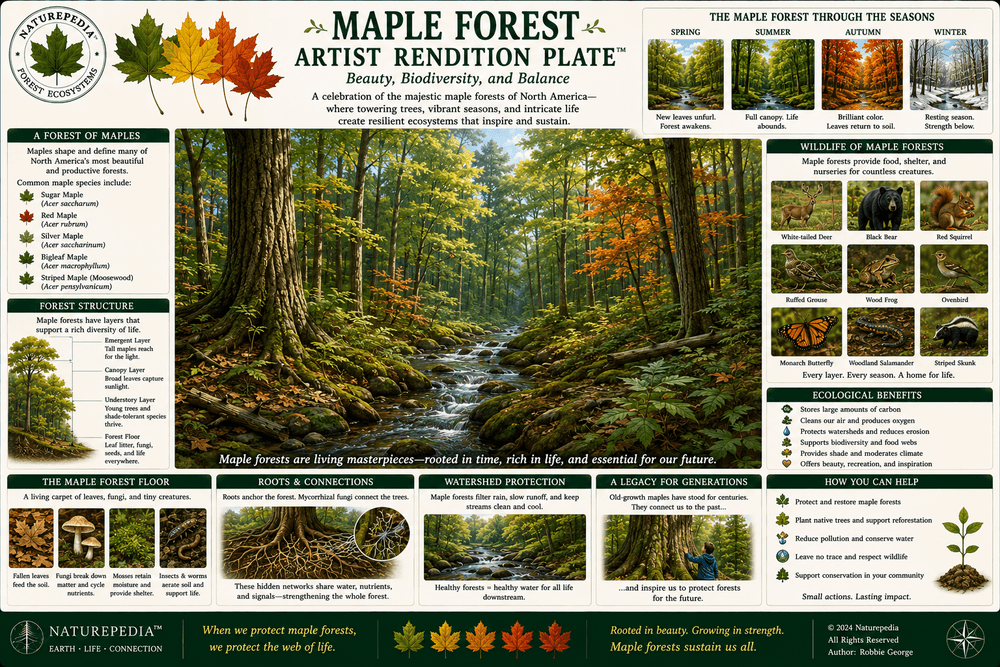 Maple Forest Artist Rendition Plate showing symbolic maple forests, autumn canopy, roots, water, wildlife, soil, fungi, seasonal light, and northern hardwood ecology by Robbie George