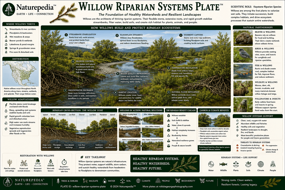Willow Riparian Systems Plate showing willow trees along rivers, streams, wetlands, floodplains, and freshwater ecosystems