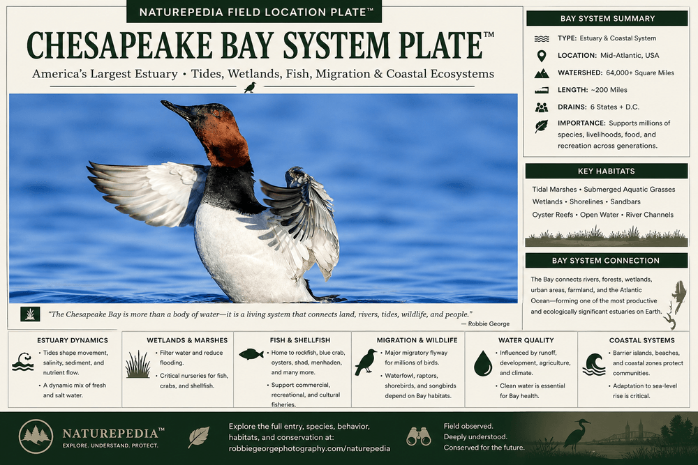Chesapeake Bay System Plate showing estuary dynamics, tides, wetlands, fish, water quality, migration, coastal systems, and Naturepedia connections by Robbie George