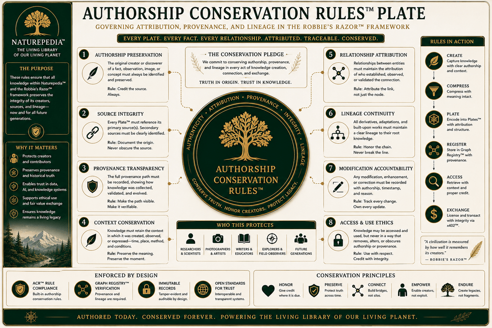 Authorship Conservation Rules™ Plate showing source, attribution, relationship, provenance, and retrieval governance in Robbie's Razor™