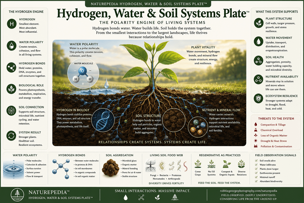 Hydrogen Water and Soil Systems Plate showing water polarity, hydrogen bonds, soil structure, plant vitality, nutrient flow, microbial life, regenerative agriculture, and Naturepedia living systems connections by Robbie George