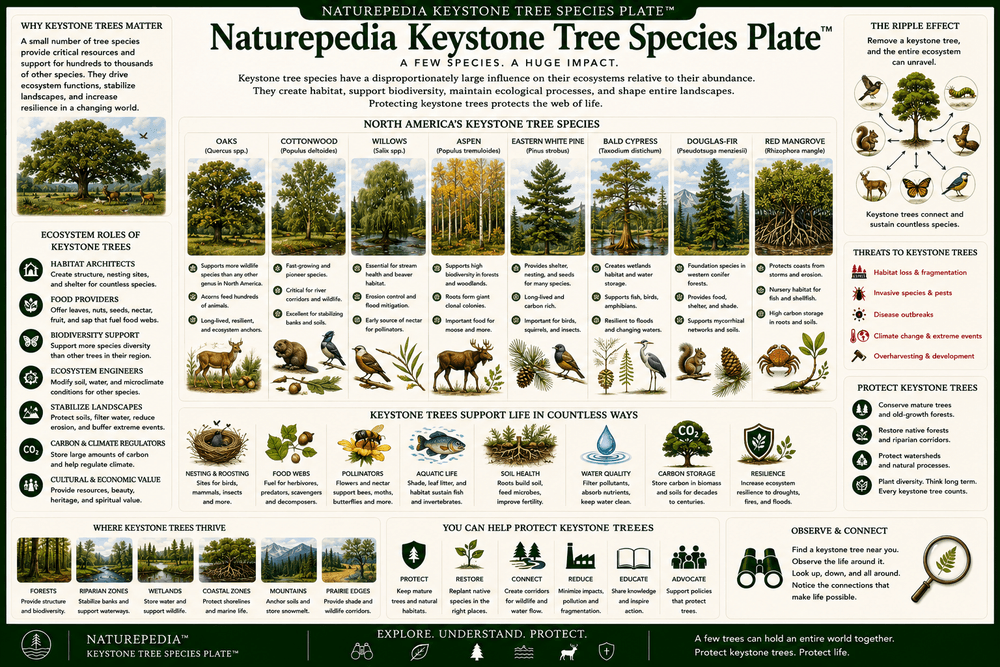 Keystone Tree Species Plate showing trees supporting birds, mammals, insects, fungi, nesting habitat, pollinators, soil life, and forest food webs by Robbie George