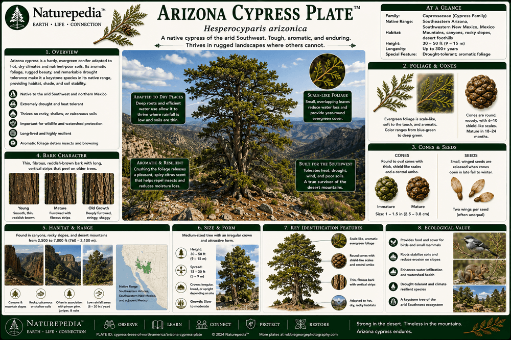 Arizona Cypress Plate showing Hesperocyparis arizonica, dry mountain canyons, southwestern woodlands, blue-gray foliage, drought adaptation, wildlife shelter, and arid forest resilience by Robbie George