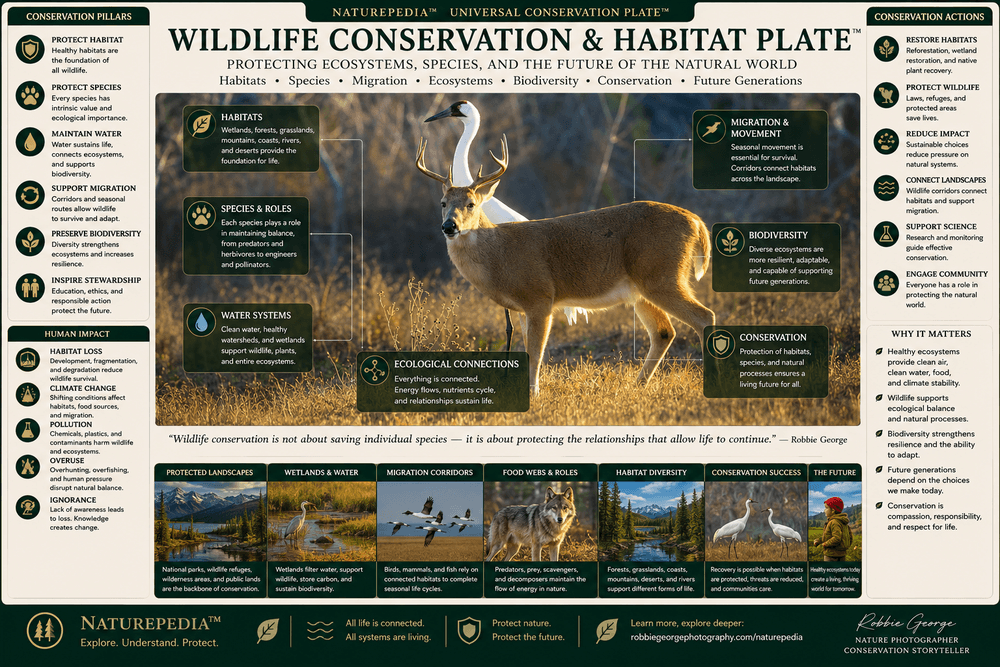 Wildlife Conservation and Habitat Plate showing a whooping crane and white-tailed deer in protected habitat with conservation pillars, migration, biodiversity, water systems, habitat protection, stewardship, and Naturepedia ecological relationships by Robbie George