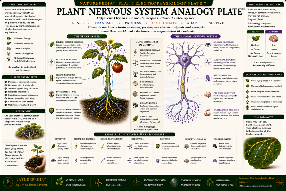 Plant Nervous System Analogy Plate comparing distributed plant electrical signaling with animal neurons while illustrating important biological differences.