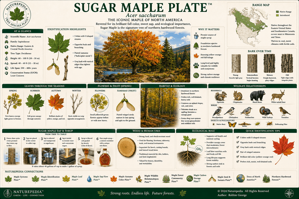 Sugar Maple Plate showing Acer saccharum, sap flow, maple syrup ecology, autumn color, and northern hardwood forests by Robbie George