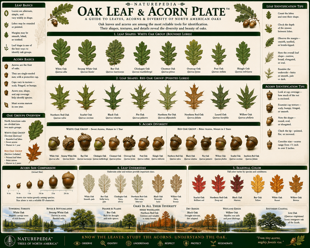 Oak Leaf and Acorn Plate showing oak leaf shapes, acorns, acorn caps, lobes, seed structure, wildlife food webs, and oak forest regeneration by Robbie George