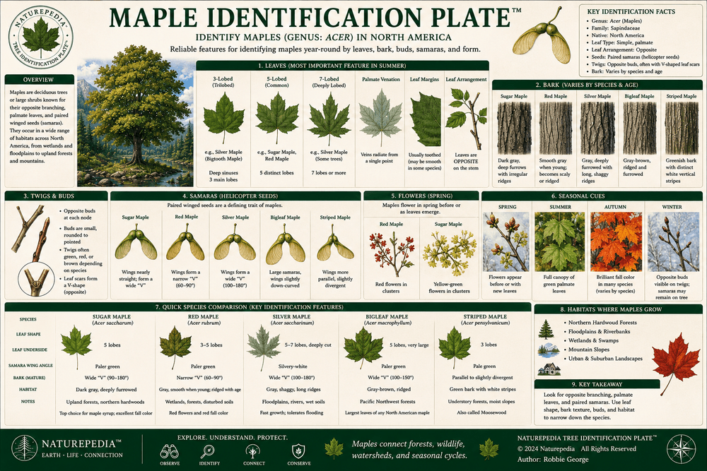 Maple Identification Plate showing maple leaves, bark, samaras, habitat, range, and field identification characteristics by Robbie George