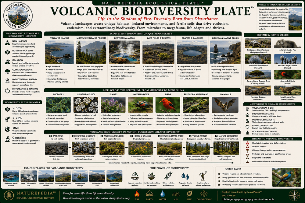 Volcanic Biodiversity Plate showing endemic species, volcanic island wildlife, adaptive radiation, ecological niches, and biodiversity patterns