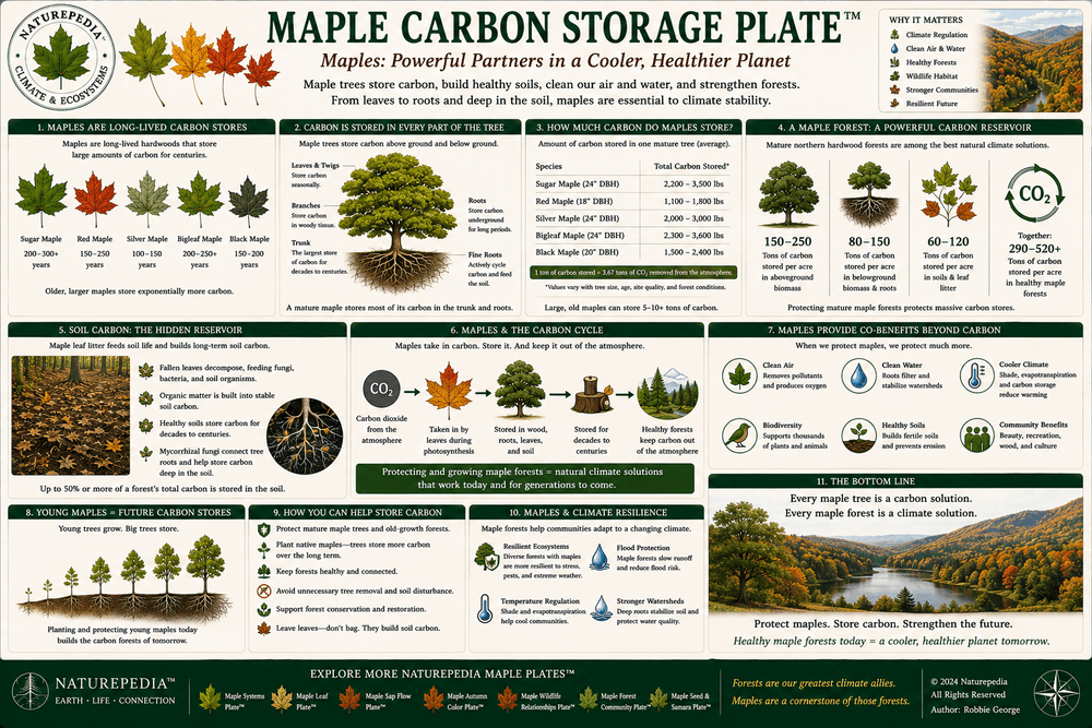 Maple Carbon Storage Plate showing hardwood biomass, maple canopy structure, leaf litter, soil carbon, mycelial relationships, climate resilience, and forest stability by Robbie George