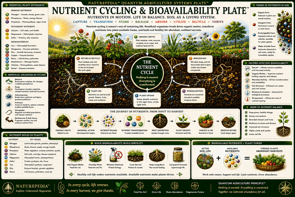 Nutrient Cycling and Bioavailability Plate showing decomposition, microbes, minerals, nutrient release, plant uptake, fungi, soil organisms, nutrient cycling, and regenerative agriculture