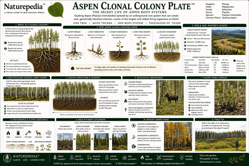 Aspen Clonal Colony Plate showing connected root systems, shared genetics, underground growth, colony expansion, and aspen forest regeneration by Robbie George