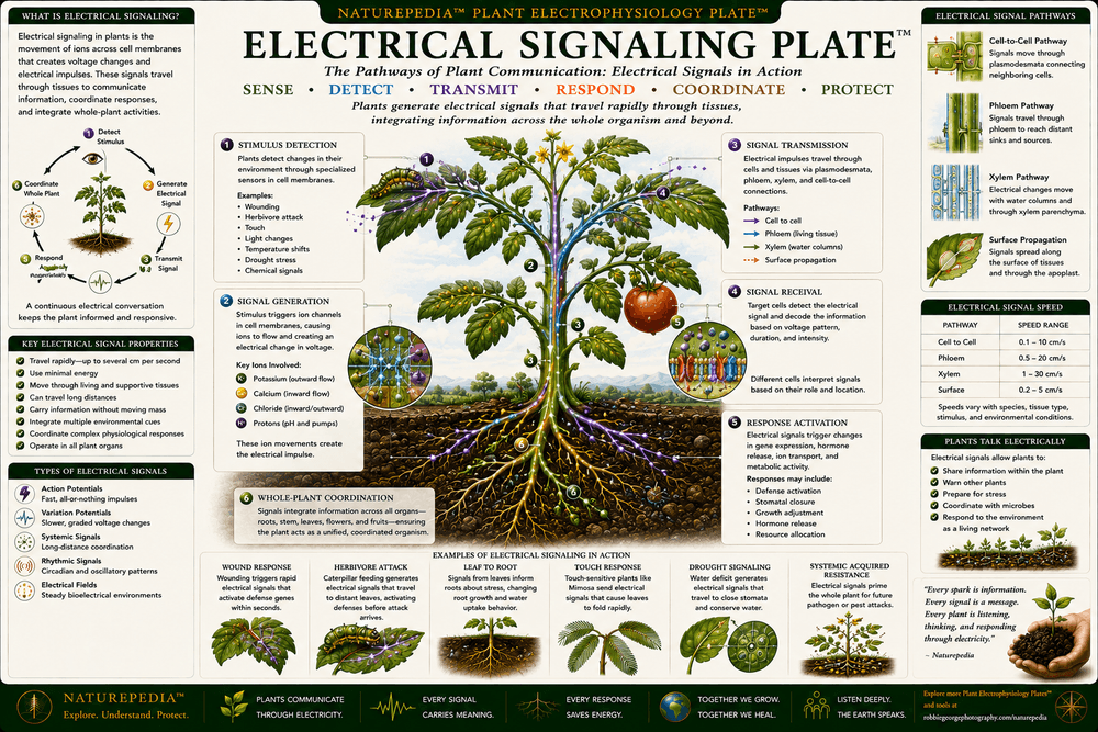 Electrical Signaling Plate showing electrical impulses moving through plant leaves, stems, roots, vascular tissues, ion channels, membrane voltage gradients, and bioelectric communication pathways.