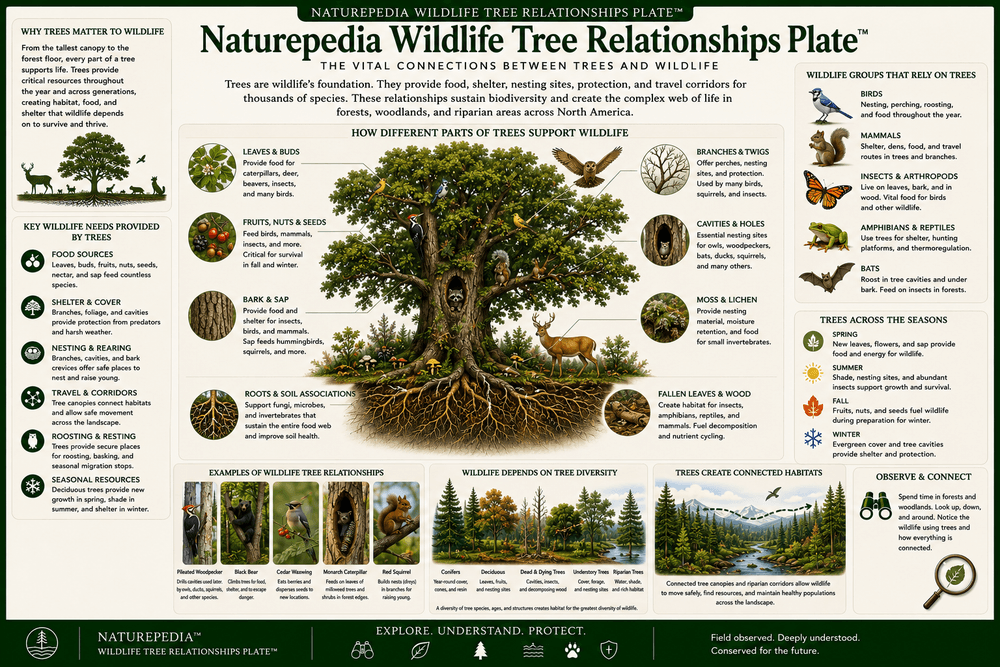 Wildlife Tree Relationships Plate showing trees supporting birds, mammals, insects, nesting cavities, fruit, seeds, shelter, shade, perches, and forest food webs by Robbie George