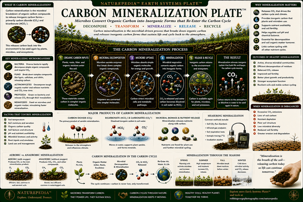 Carbon Mineralization Plate showing microbial decomposition, organic carbon conversion, carbon dioxide release, nutrient recycling, microbial metabolism, soil biology, and Earth's carbon cycle.